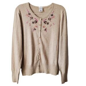 Vtg Women Beaded Tan Cardigan Sweater L Granny Twee Scandi Cottage Retro Dainty